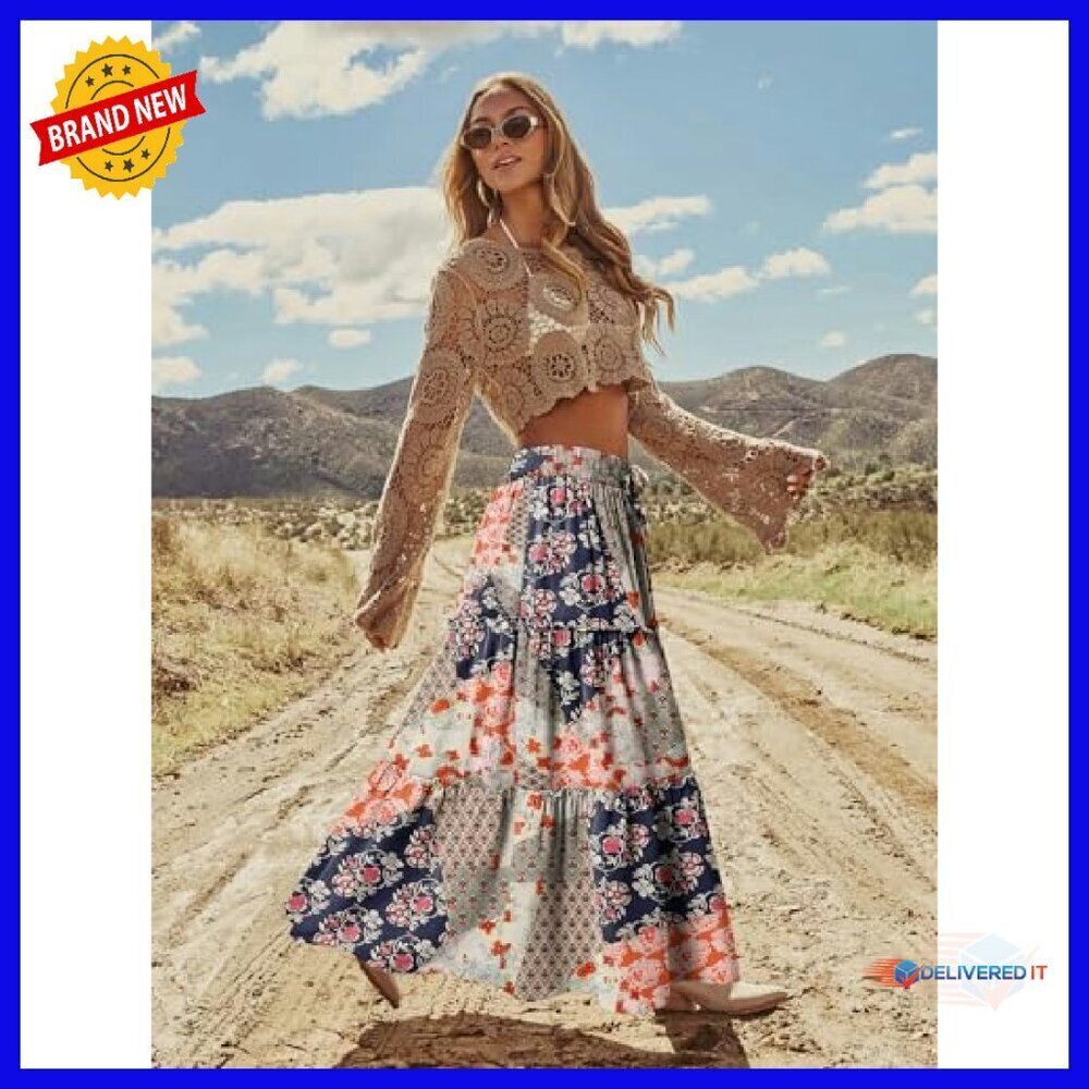 High Waist Maxi Skirt with Pockets, Polyester, Flowy Festival Wear - Picture 5 of 7